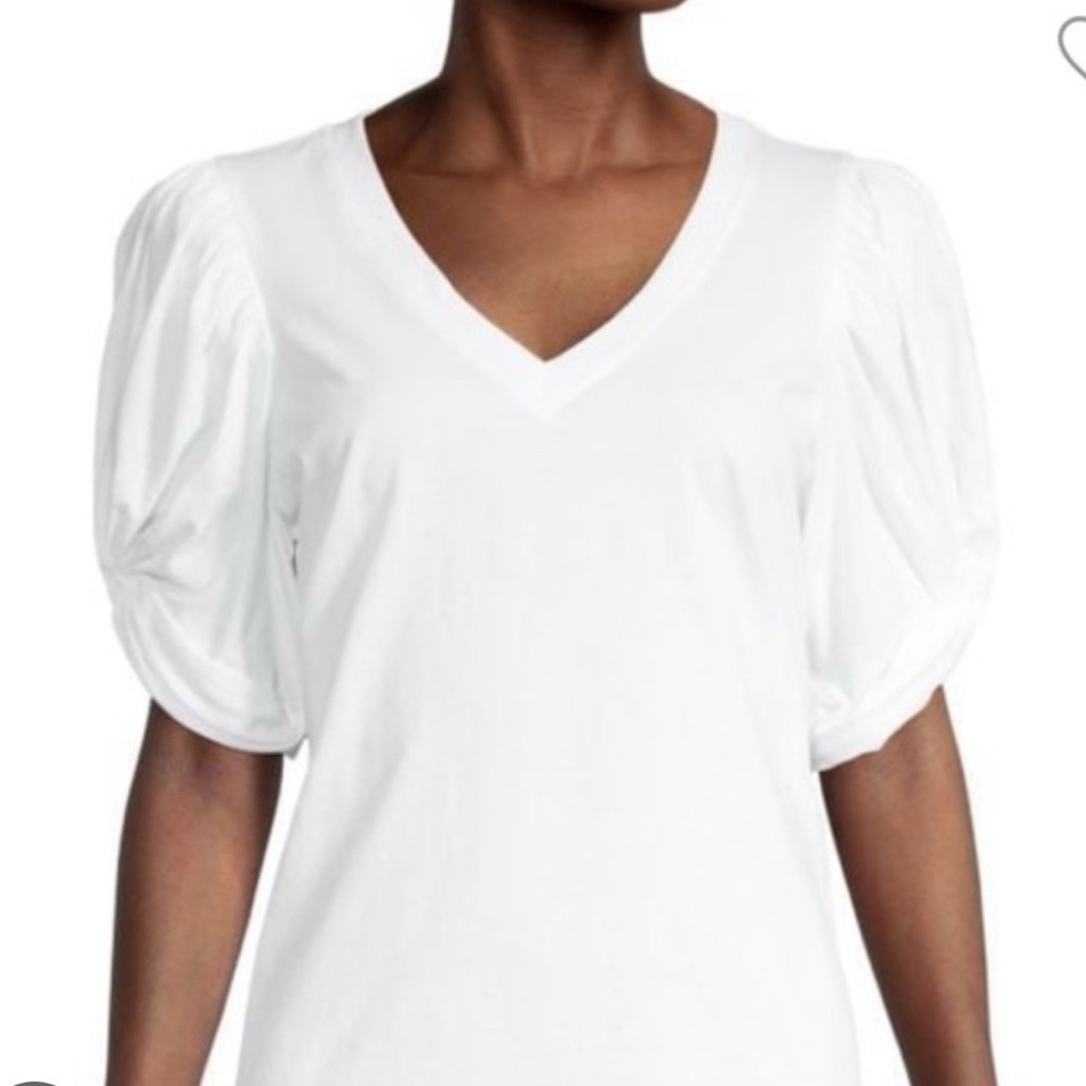 009 7 FOR ALL MANKIND Women's Cotton V-Neck Twisted Sleeve Tee - White, Small